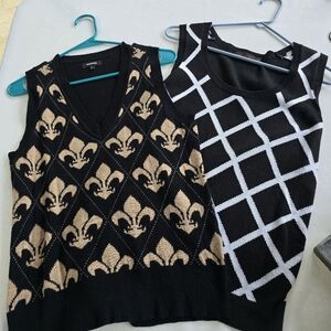 Two Black and Gold Fleur-de-Lis Knit Vests Large